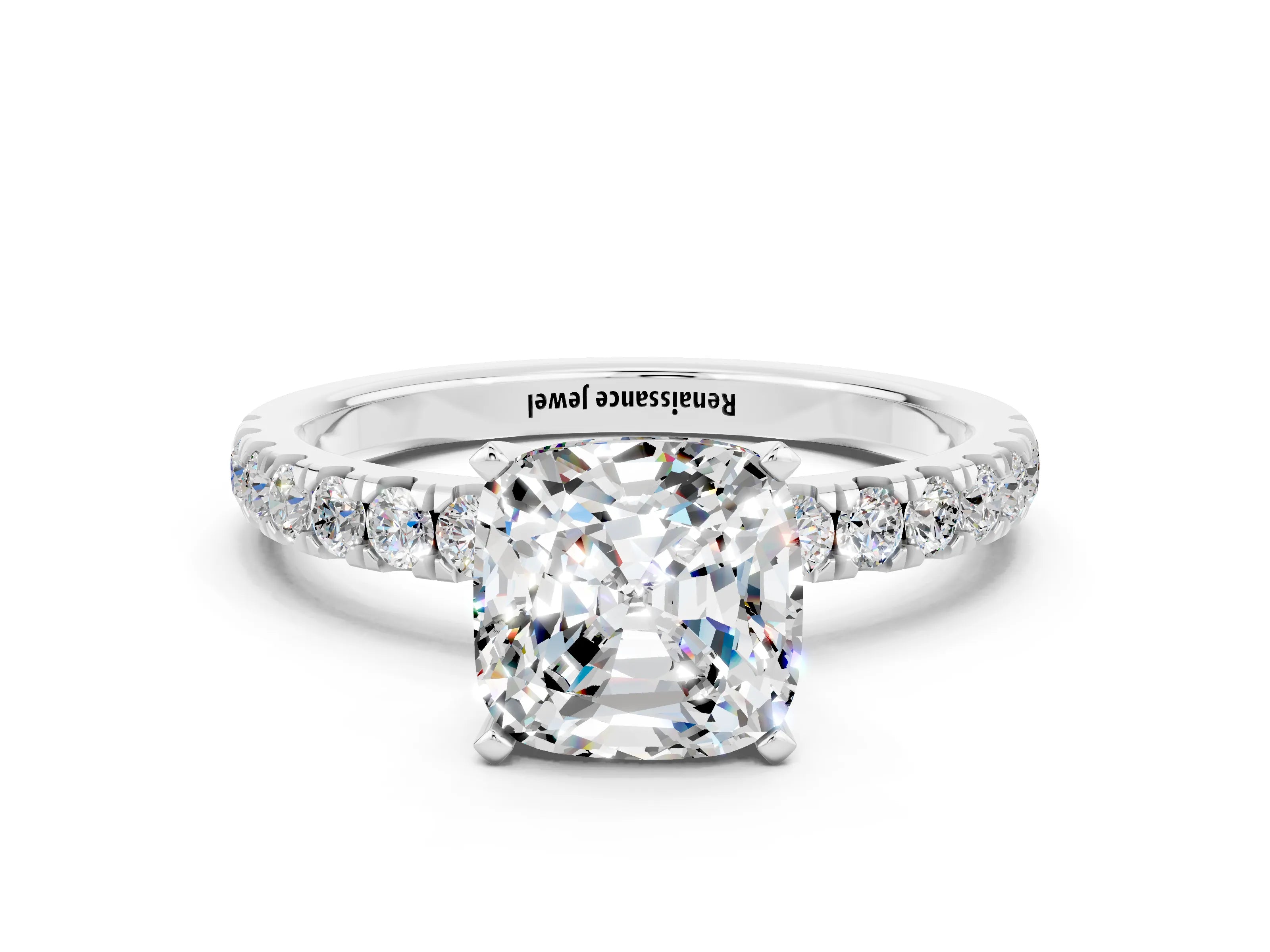 White gold Cushion Cut Moissanite Solitaire Ring with Pavé Accents and Four-Prong Setting