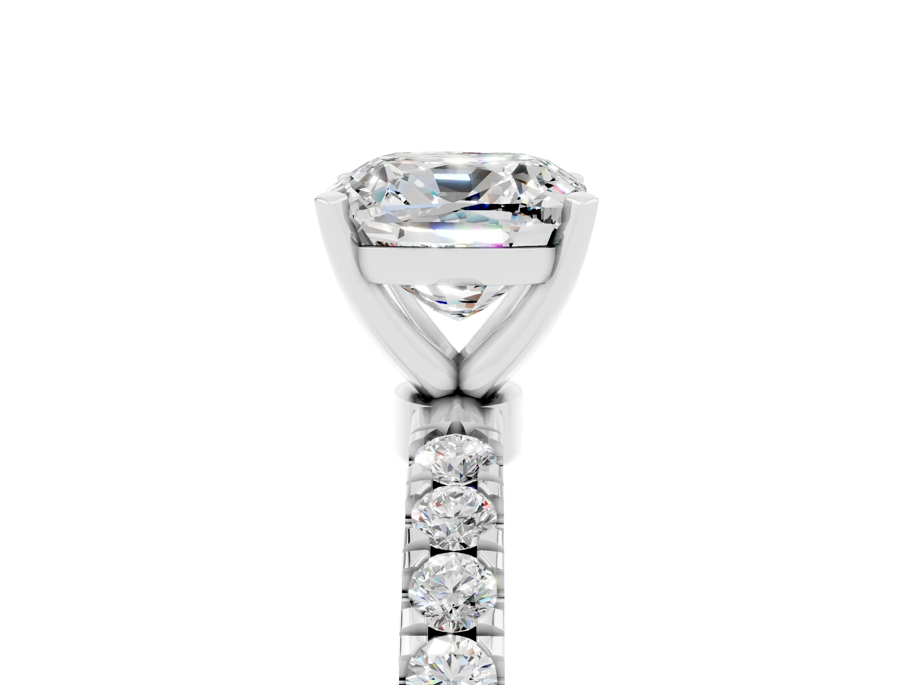 White gold Cushion Cut Moissanite Solitaire Ring with Pavé Accents and Four-Prong Setting_5