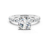 White gold Cushion Cut Moissanite Solitaire Ring with Pavé Band and Four-Prong Setting_24