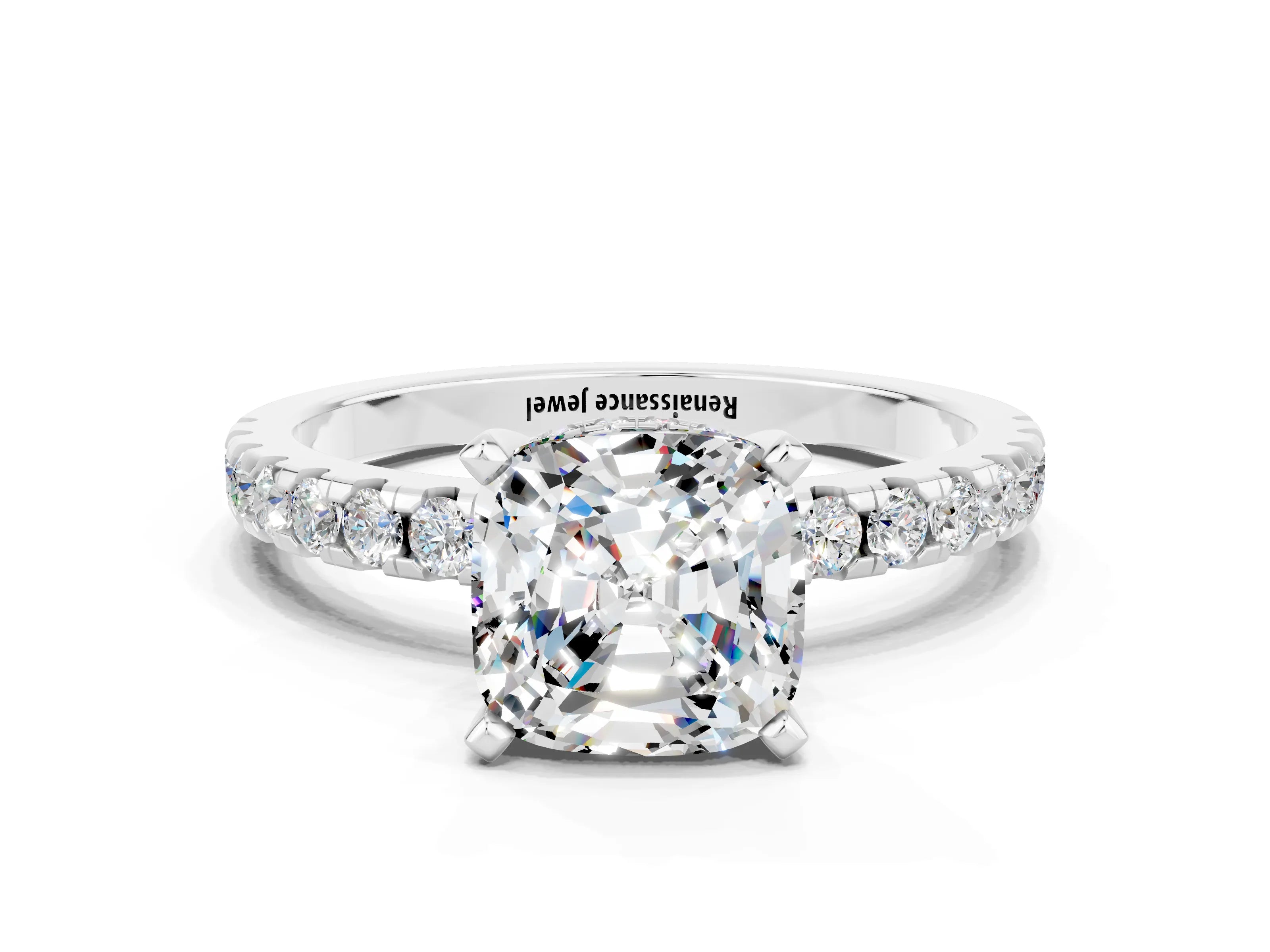 White gold Cushion Cut Moissanite Solitaire Ring with Pavé Band and Four-Prong Setting_24