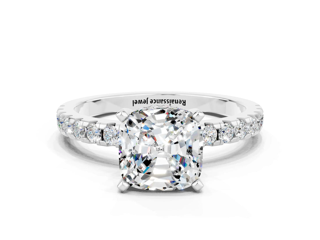White gold Cushion Cut Moissanite Solitaire Ring with Pavé Band and Four-Prong Setting_24