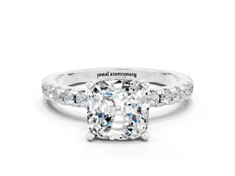 White gold Cushion Cut Moissanite Solitaire Ring with Pavé Band and Four-Prong Setting_24