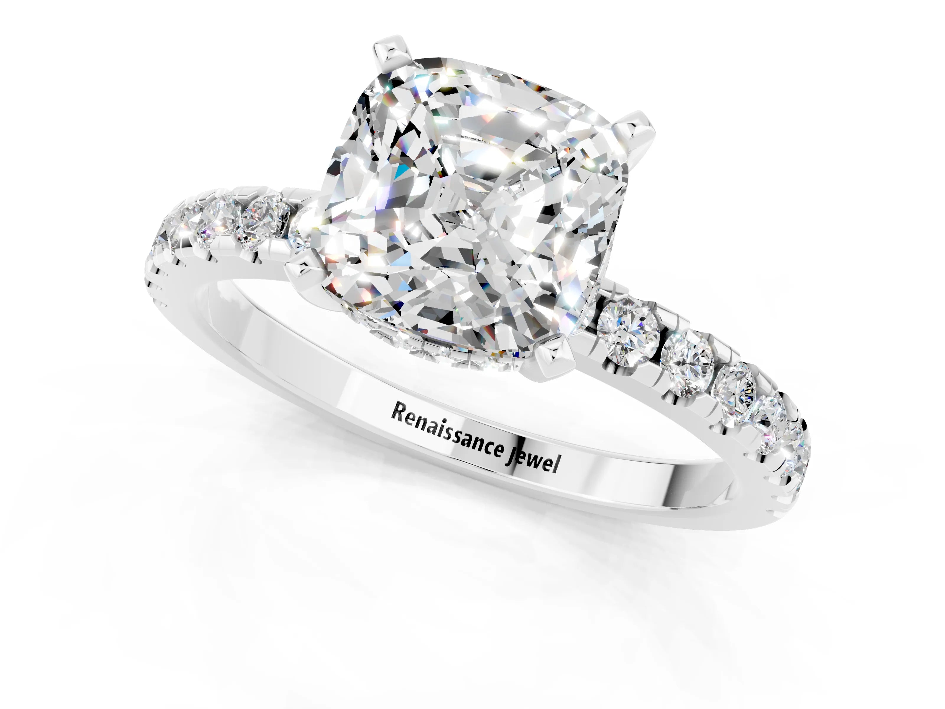 White gold Cushion Cut Moissanite Solitaire Ring with Pavé Band and Four-Prong Setting_25