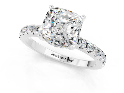 White gold Cushion Cut Moissanite Solitaire Ring with Pavé Band and Four-Prong Setting_25