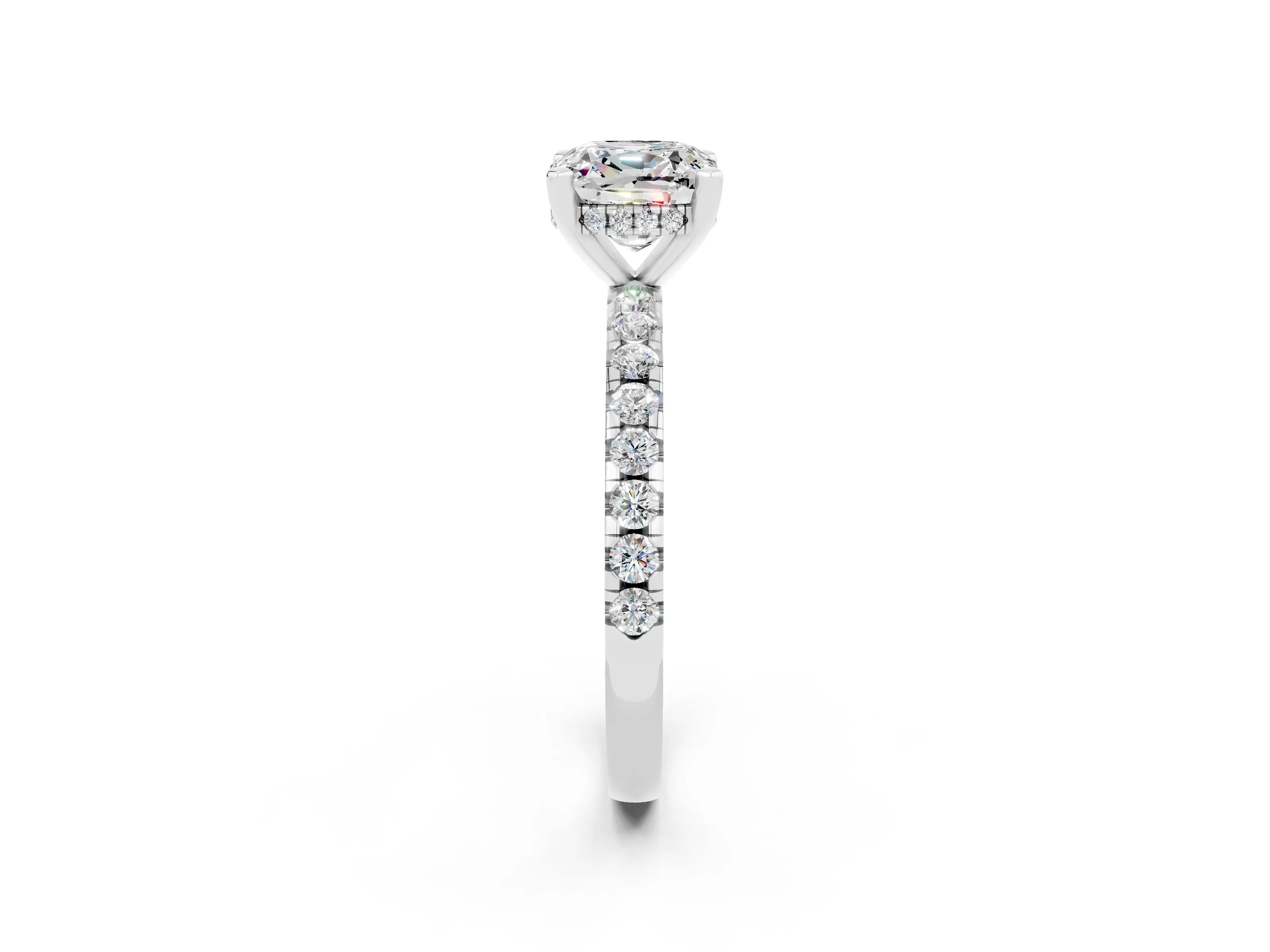 White gold Cushion Cut Moissanite Solitaire Ring with Pavé Band and Four-Prong Setting_26