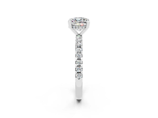 White gold Cushion Cut Moissanite Solitaire Ring with Round  Pavé Band and Four-Prong Setting