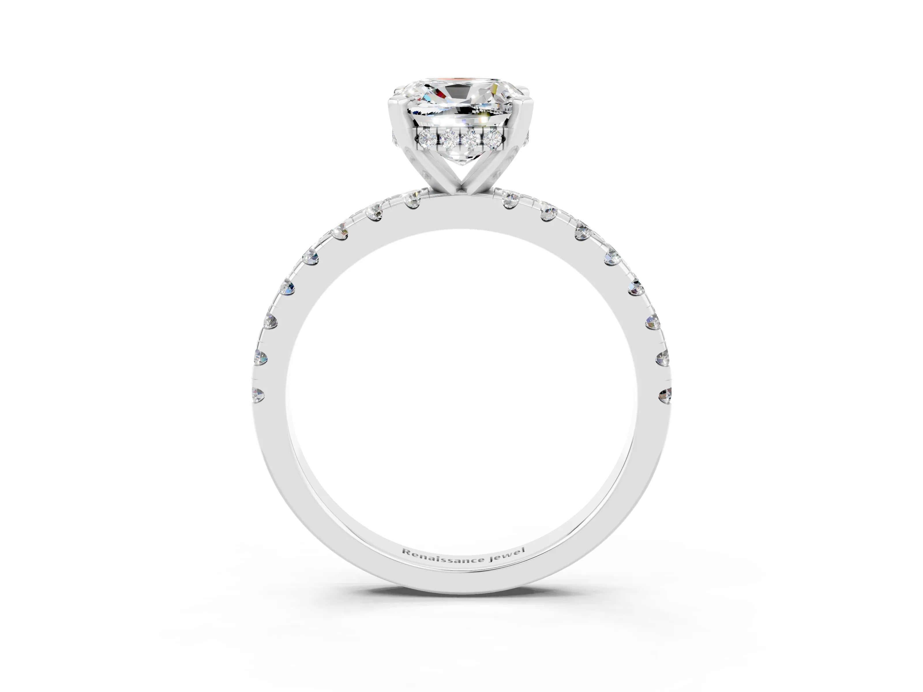 White gold Cushion Cut Moissanite Solitaire Ring with Pavé Band and Four-Prong Setting_27