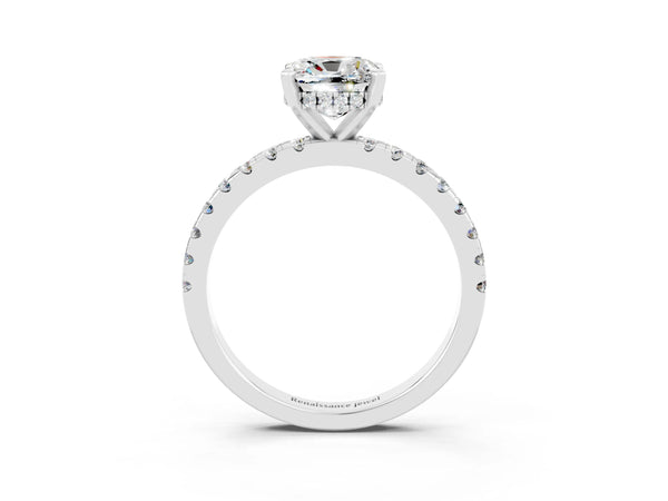 Platinum Cushion Cut Moissanite Solitaire Ring with Round  Pavé Band and Four-Prong Setting