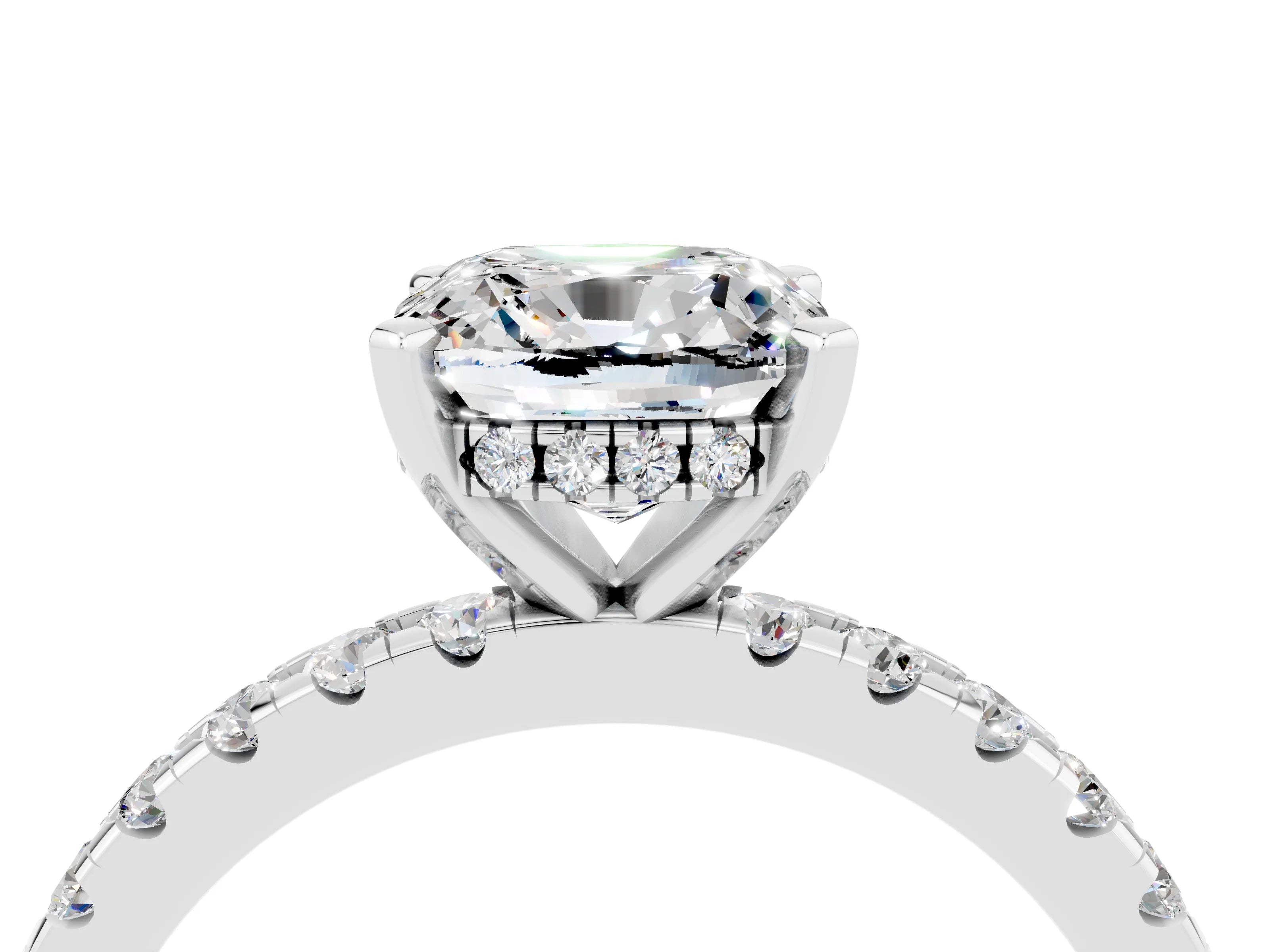 White gold Cushion Cut Moissanite Solitaire Ring with Pavé Band and Four-Prong Setting_28