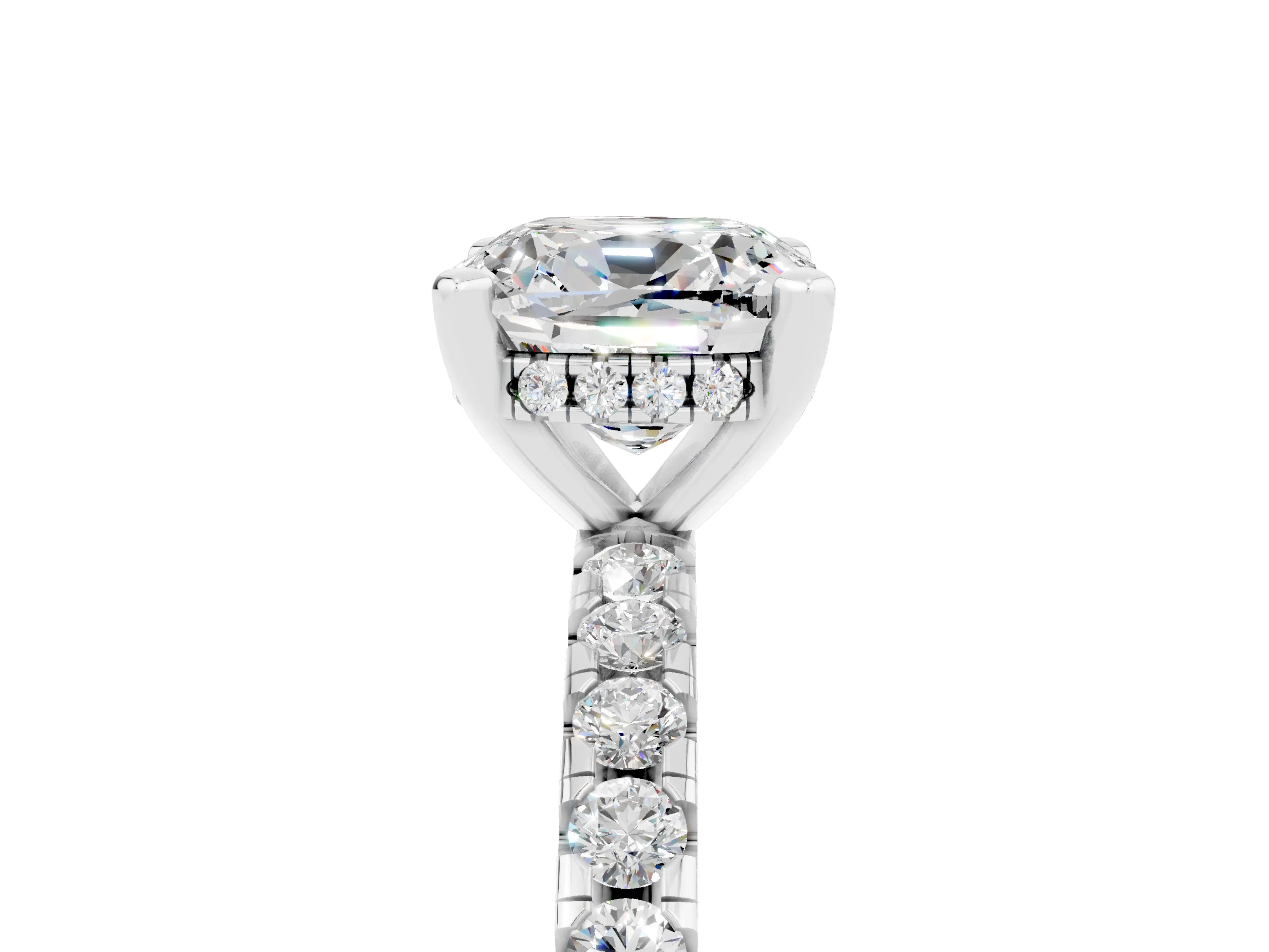 White gold Cushion Cut Moissanite Solitaire Ring with Pavé Band and Four-Prong Setting_29