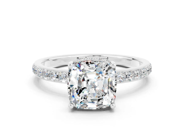 Silver Cushion Cut Moissanite Solitaire Ring with Pavé Band and Hidden Halo