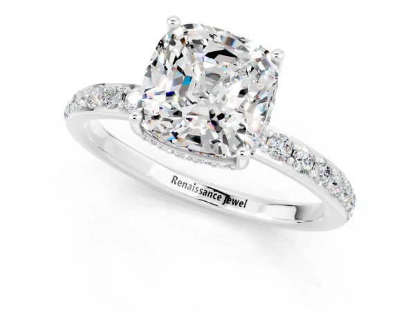 Silver Cushion Cut Moissanite Solitaire Ring with Pavé Band and Hidden Halo