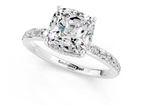 White gold Cushion Cut Moissanite Solitaire Ring with Pavé Band and Hidden Halo_1