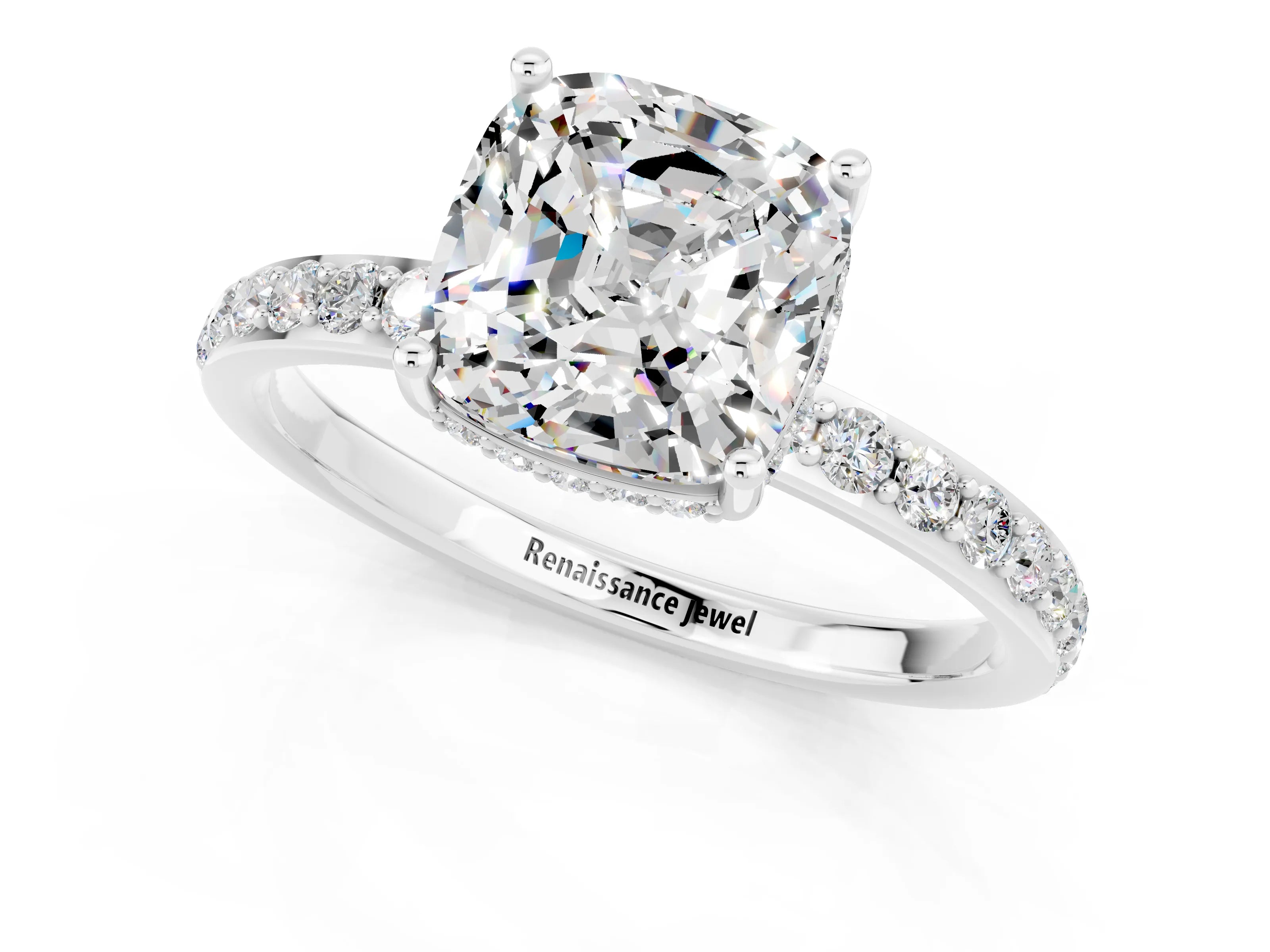 White gold Cushion Cut Moissanite Solitaire Ring with Pavé Band and Hidden Halo_25