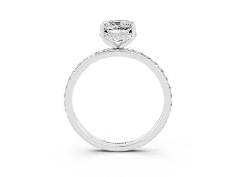 White gold Cushion Cut Moissanite Solitaire Ring with Pavé Band and Hidden Halo_27