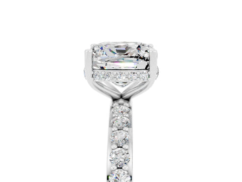 White gold Cushion Cut Moissanite Solitaire Ring with Pavé Band and Hidden Halo_29