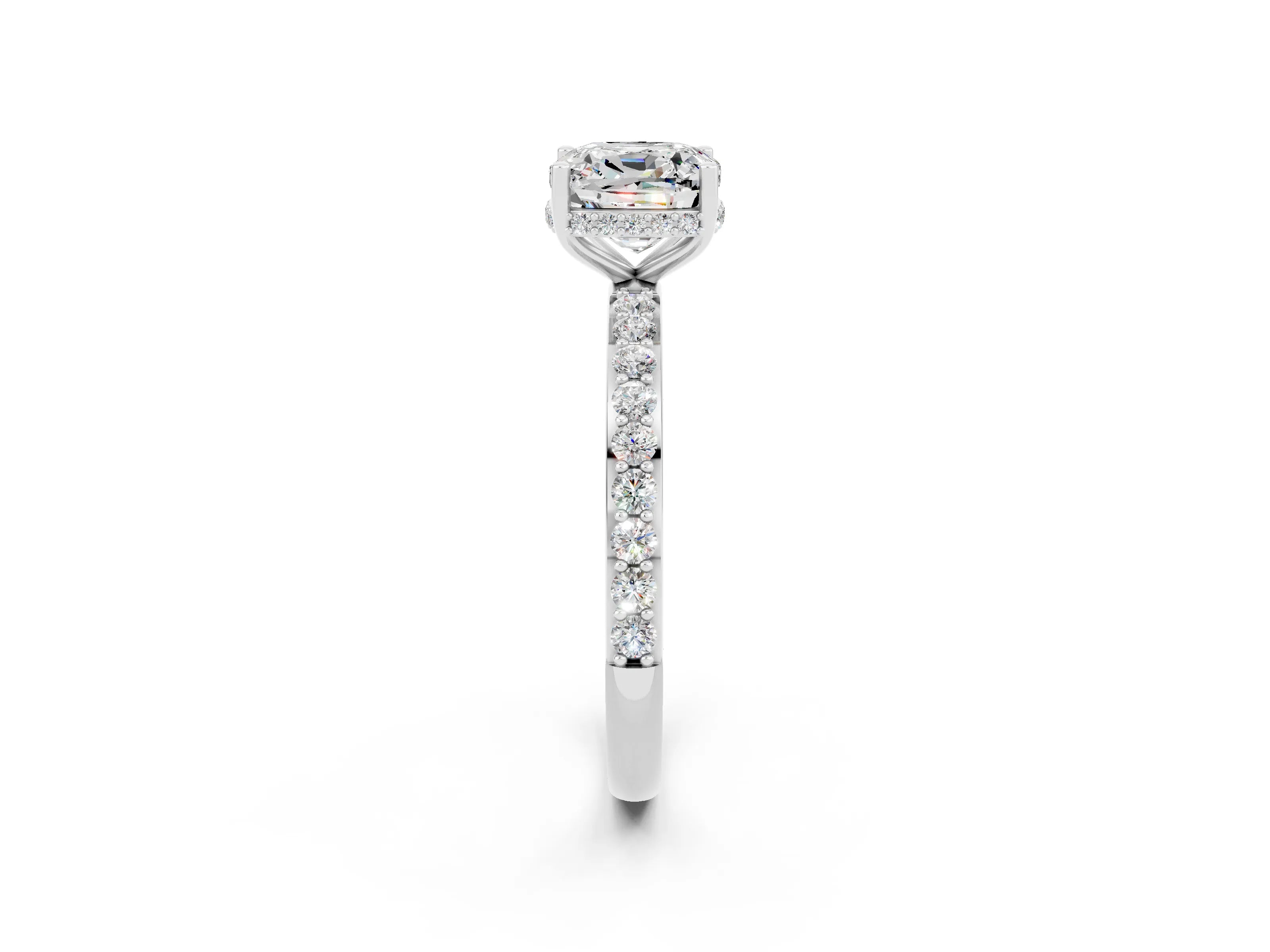 White gold Cushion Cut Moissanite Solitaire Ring with Pavé Band and Hidden Halo_2