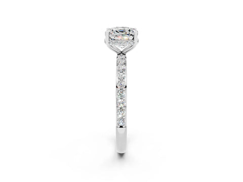 White gold Cushion Cut Moissanite Solitaire Ring with Pavé Band and Hidden Halo_2
