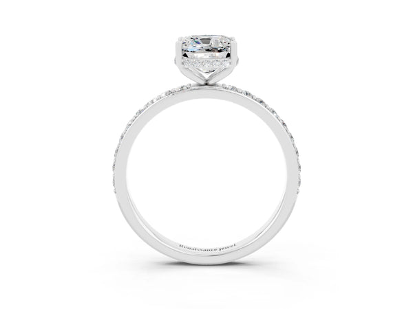 Silver Cushion Cut Moissanite Solitaire Ring with Pavé Band and Hidden Halo