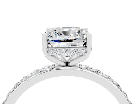 White gold Cushion Cut Moissanite Solitaire Ring with Pavé Band and Hidden Halo_4
