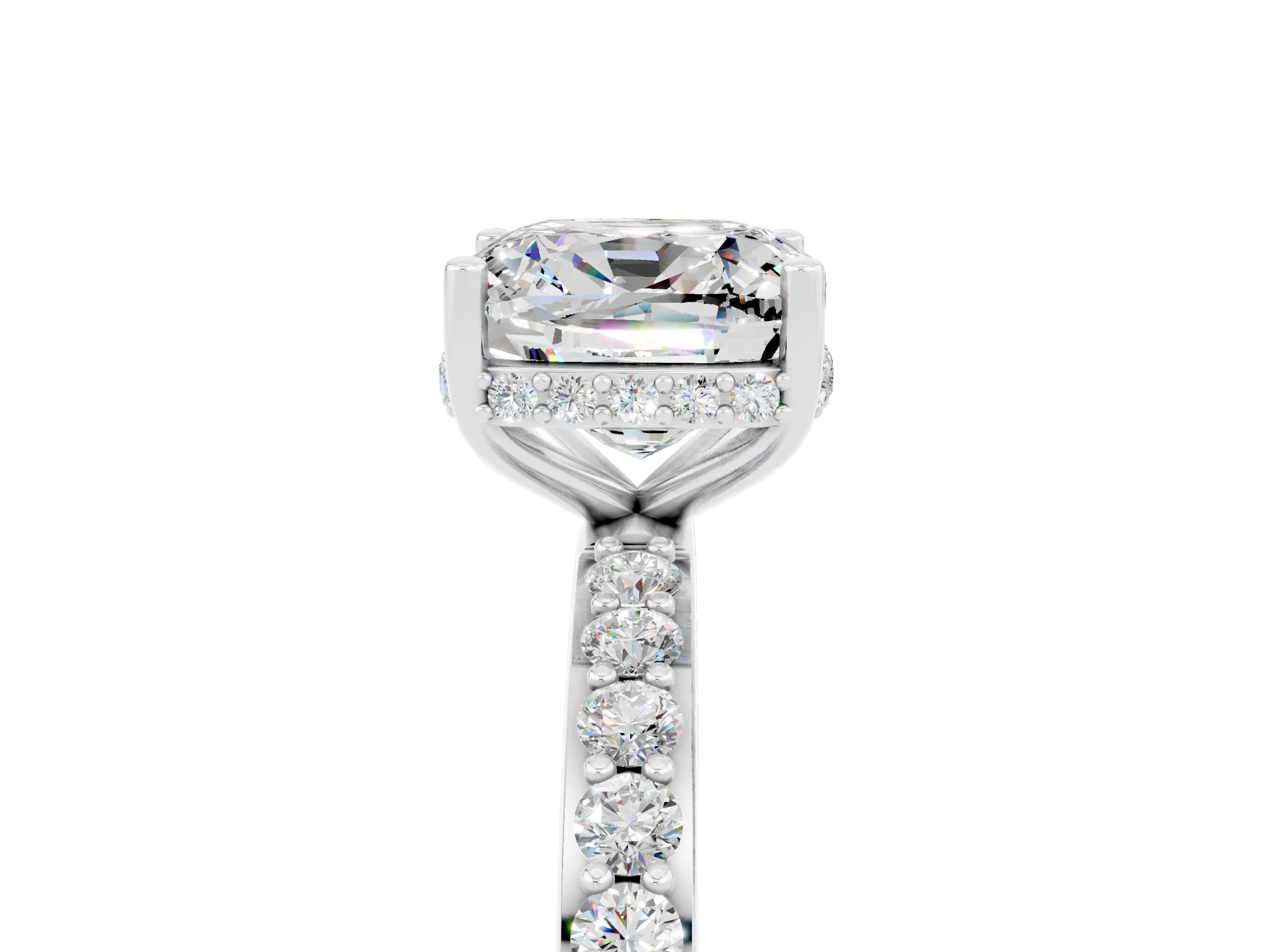 White gold Cushion Cut Moissanite Solitaire Ring with Pavé Band and Hidden Halo_5