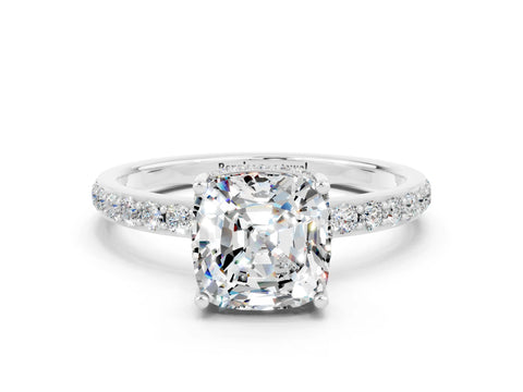 White gold Cushion Cut Moissanite Solitaire Ring with Pavé Band and Hidden Halo