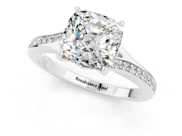Platinum Cushion Cut Moissanite Solitaire Ring with Pavé Band and Prong Setting