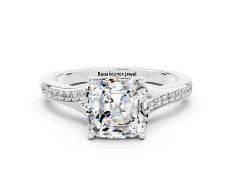 White gold Cushion Cut Moissanite Solitaire Ring with Pavé Band and Prong Setting_12