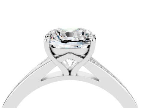 White gold Cushion Cut Moissanite Solitaire Ring with Pavé Band and Prong Setting_16