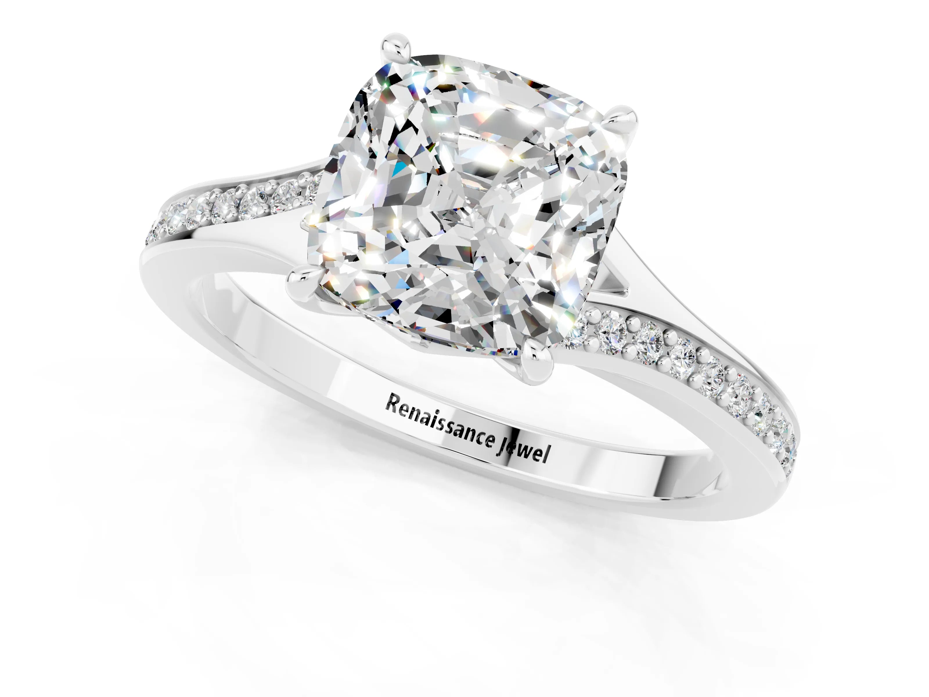 White gold Cushion Cut Moissanite Solitaire Ring with Pavé Band and Prong Setting_1