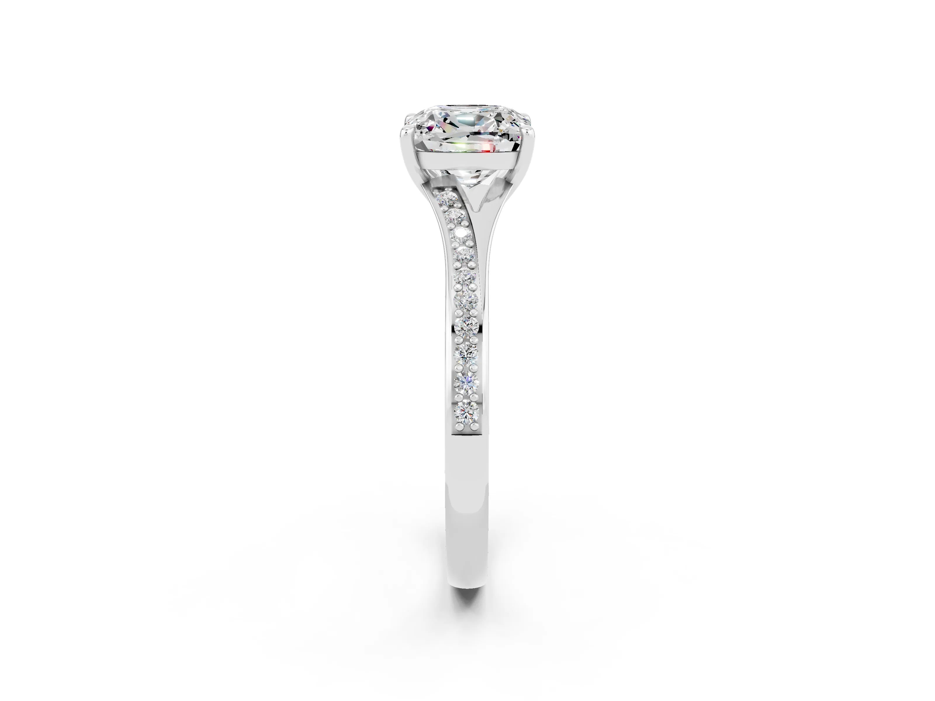 White gold Cushion Cut Moissanite Solitaire Ring with Pavé Band and Prong Setting_2