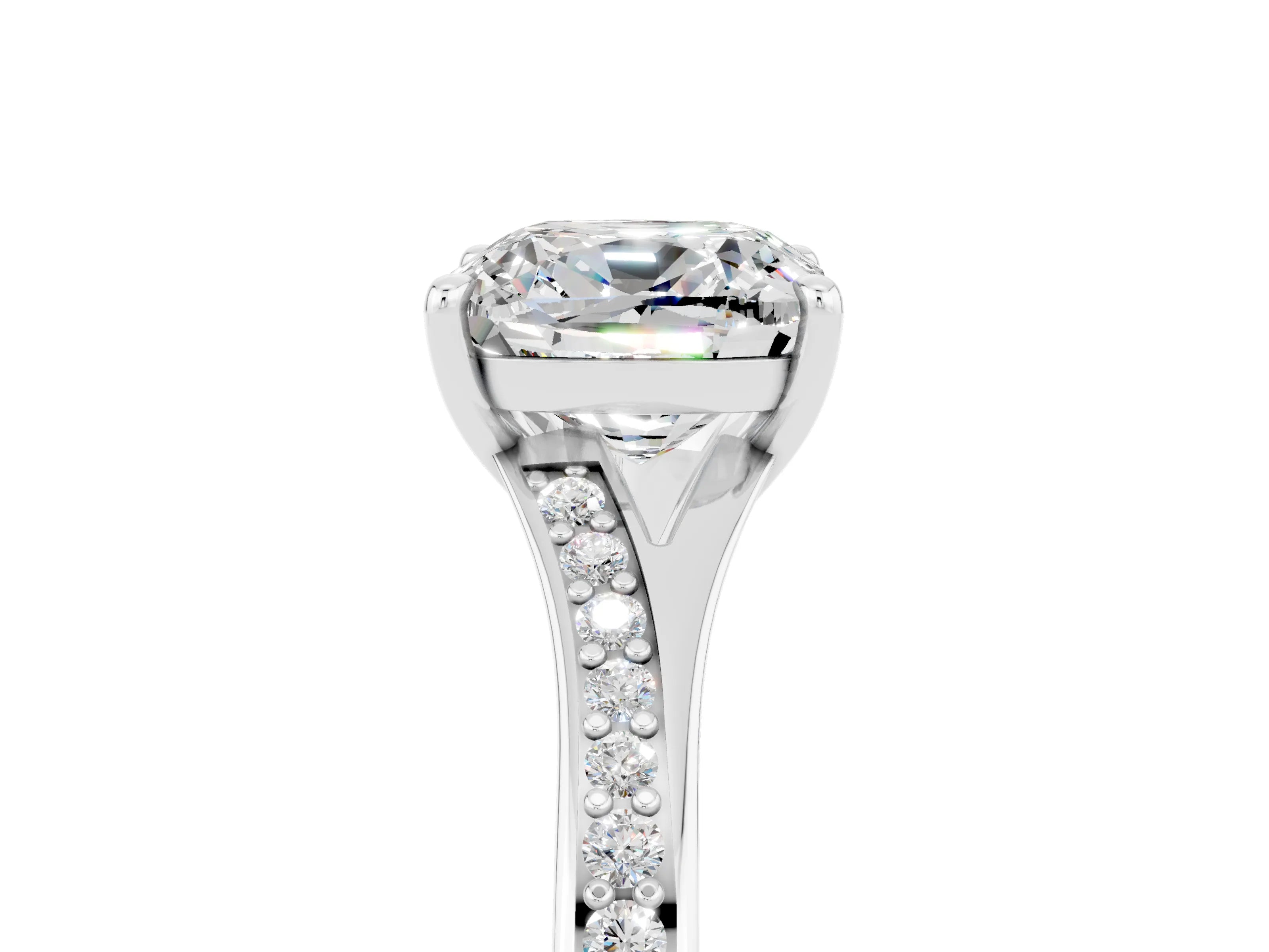 White gold Cushion Cut Moissanite Solitaire Ring with Pavé Band and Prong Setting_5
