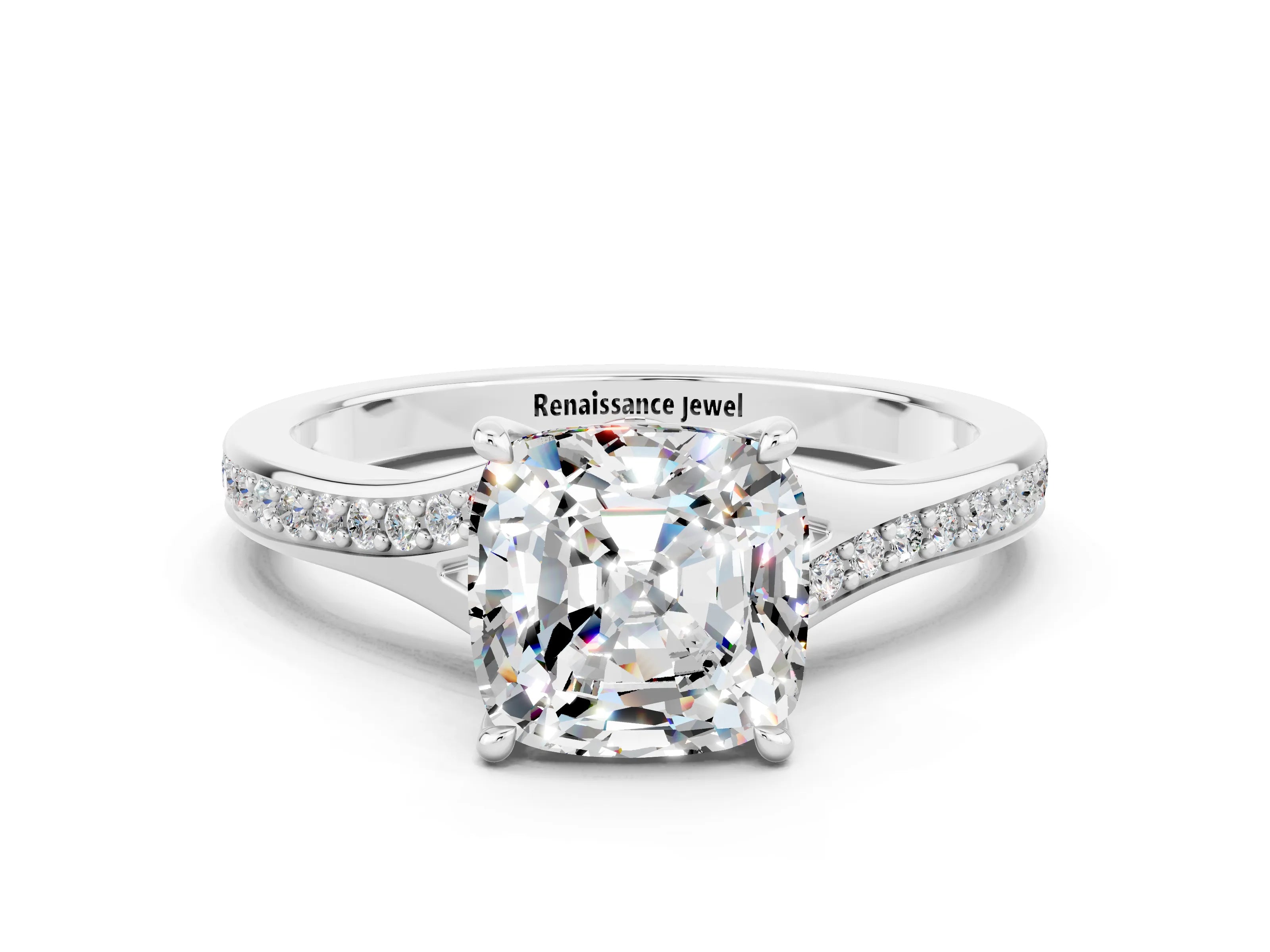 White gold Cushion Cut Moissanite Solitaire Ring with Pavé Band and Prong Setting