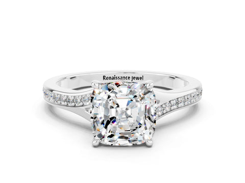 White gold Cushion Cut Moissanite Solitaire Ring with Pavé Band and Prong Setting