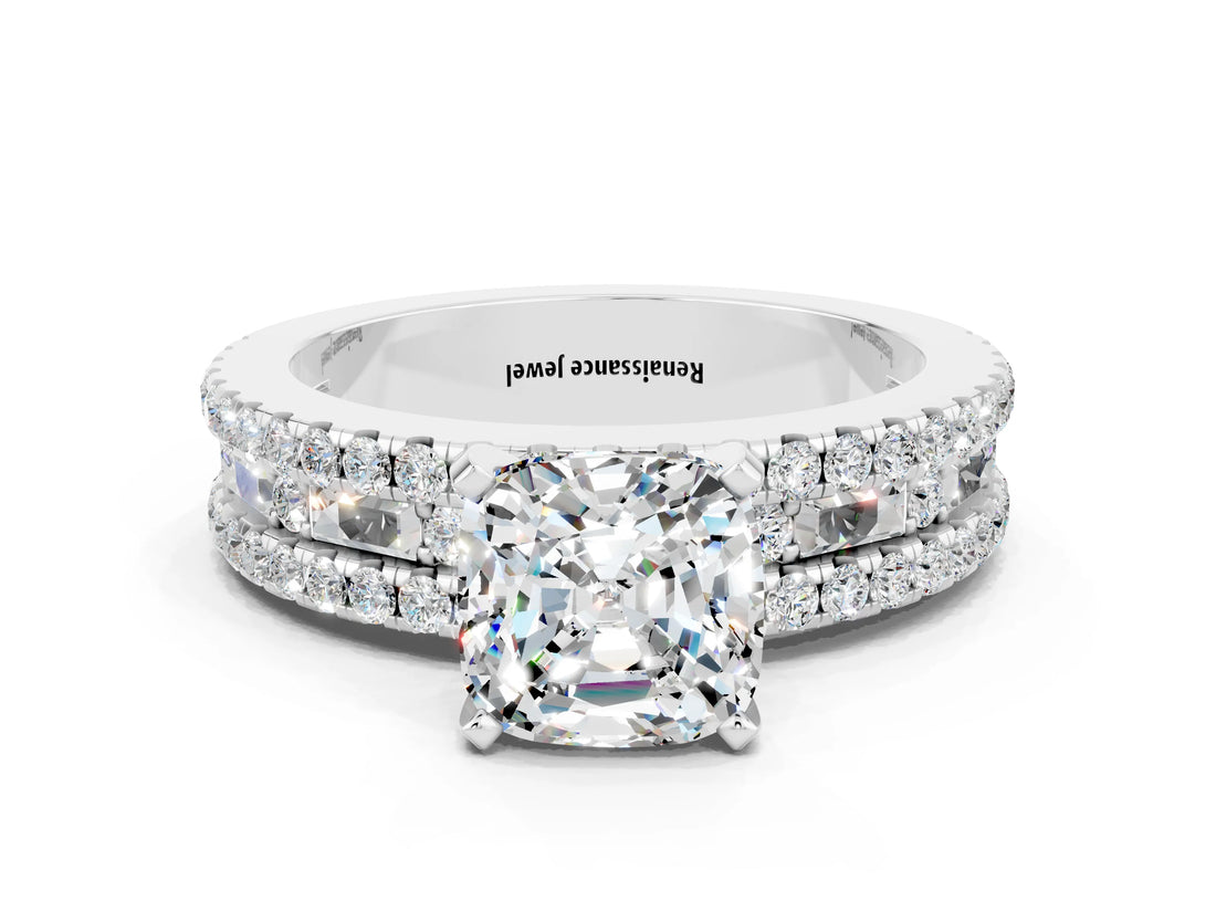 White gold Cushion Cut Moissanite Solitaire Ring with Pavé and Channel Set Band