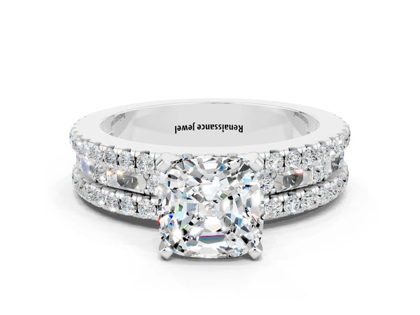 Platinum Cushion Cut Moissanite Solitaire Ring with Pavé and Channel Set Band