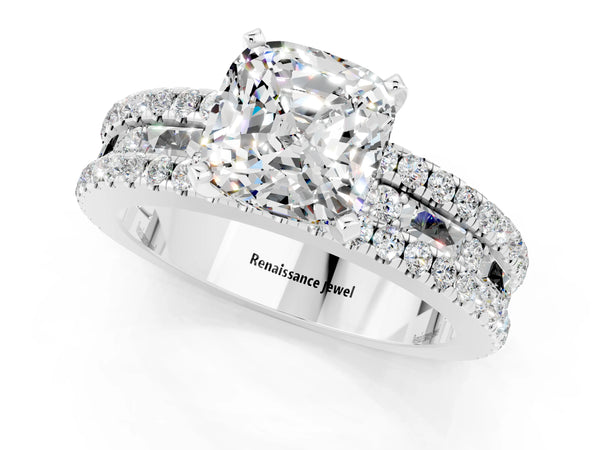 Platinum Cushion Cut Moissanite Solitaire Ring with Pavé and Channel Set Band