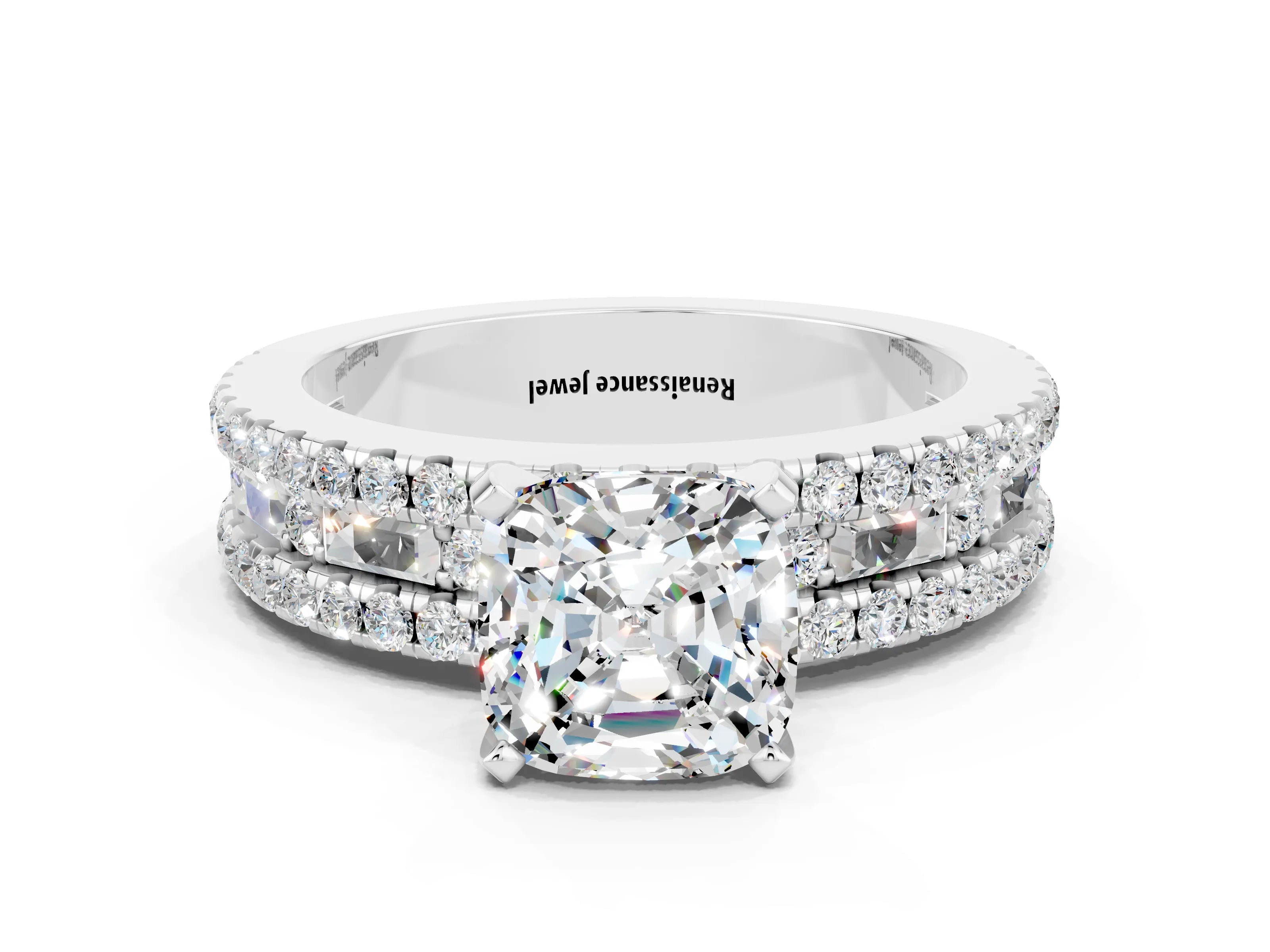White gold Cushion Cut Moissanite Solitaire Ring with Pavé and Channel Set Band