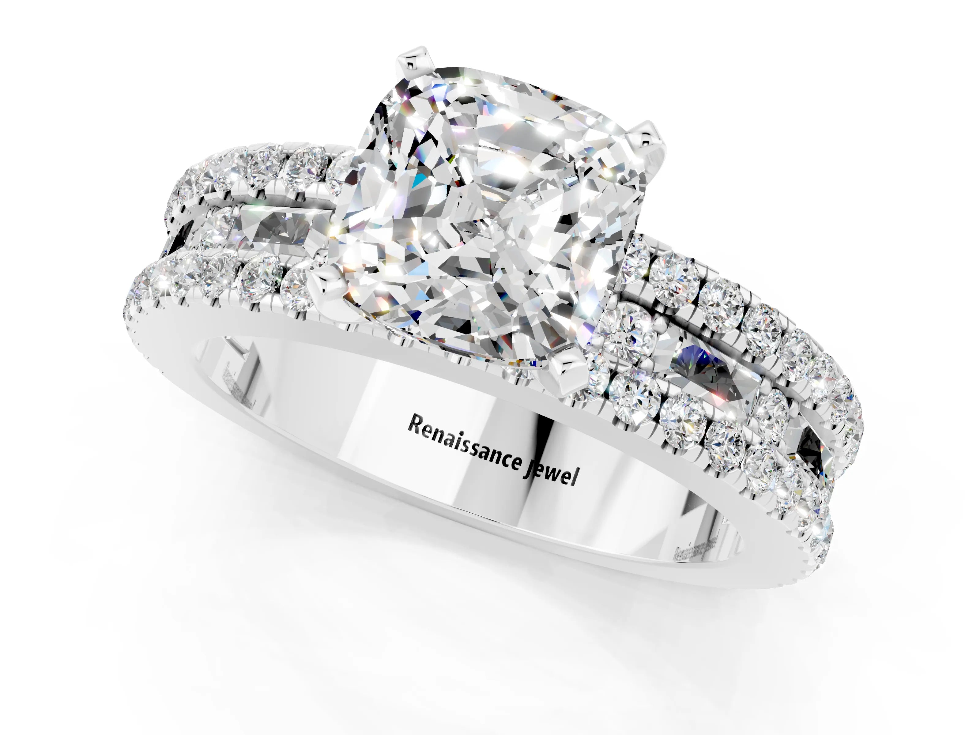 White gold Cushion Cut Moissanite Solitaire Ring with Pavé and Channel Set Band_1