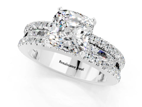 White gold Cushion Cut Moissanite Solitaire Ring with Pavé and Channel Set Band_1