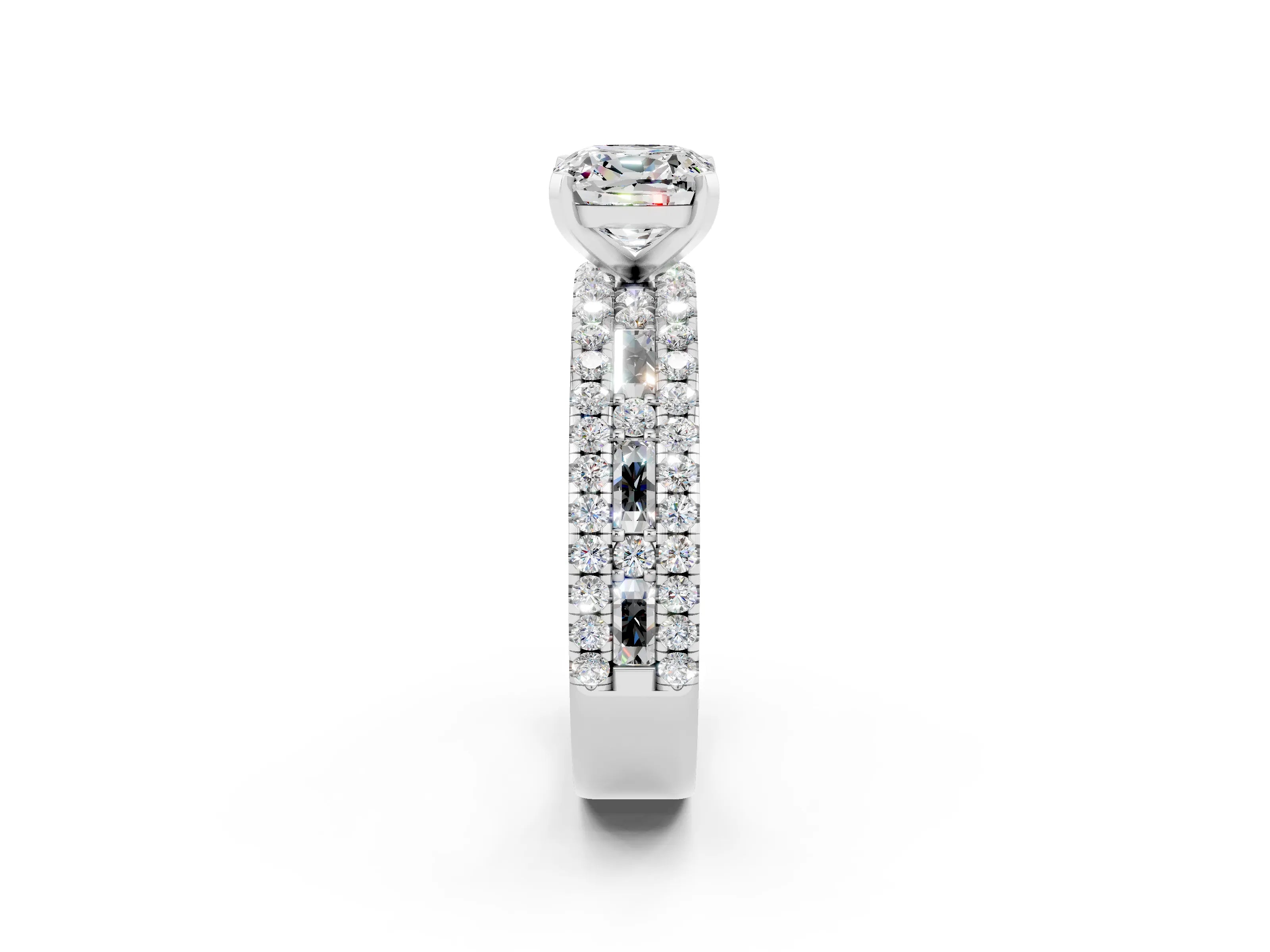 White gold Cushion Cut Moissanite Solitaire Ring with Pavé and Channel Set Band_2