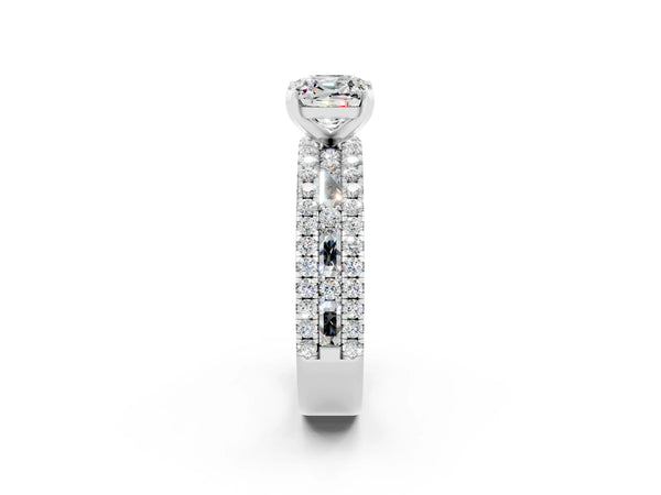 White gold Cushion Cut Moissanite Solitaire Ring with Pavé and Channel Set Band