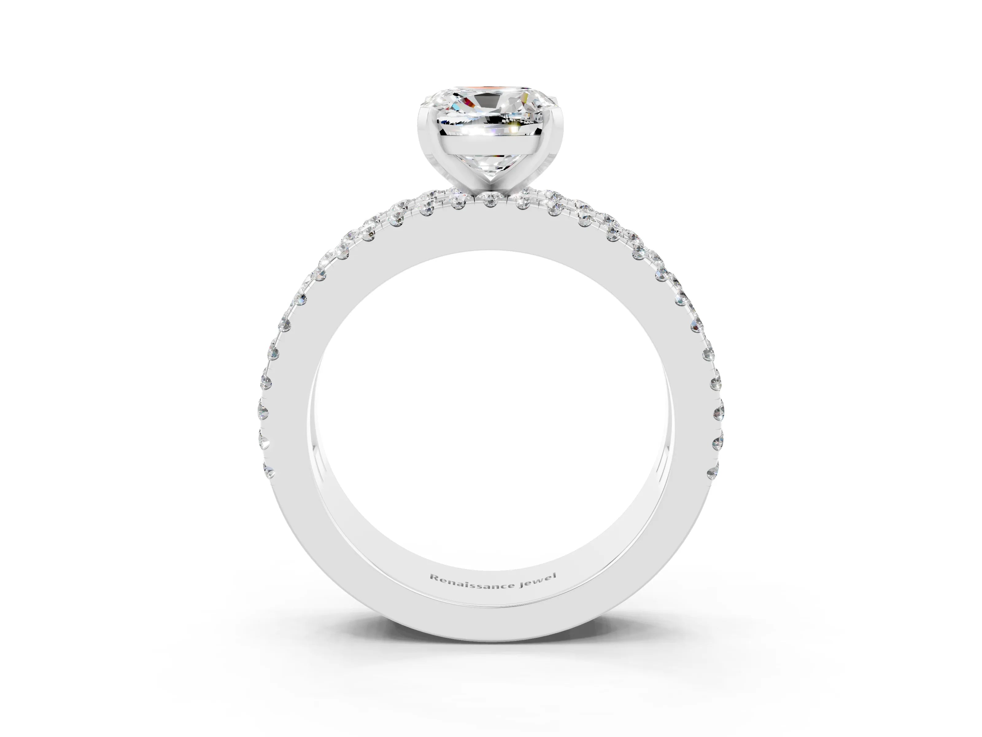 White gold Cushion Cut Moissanite Solitaire Ring with Pavé and Channel Set Band_3