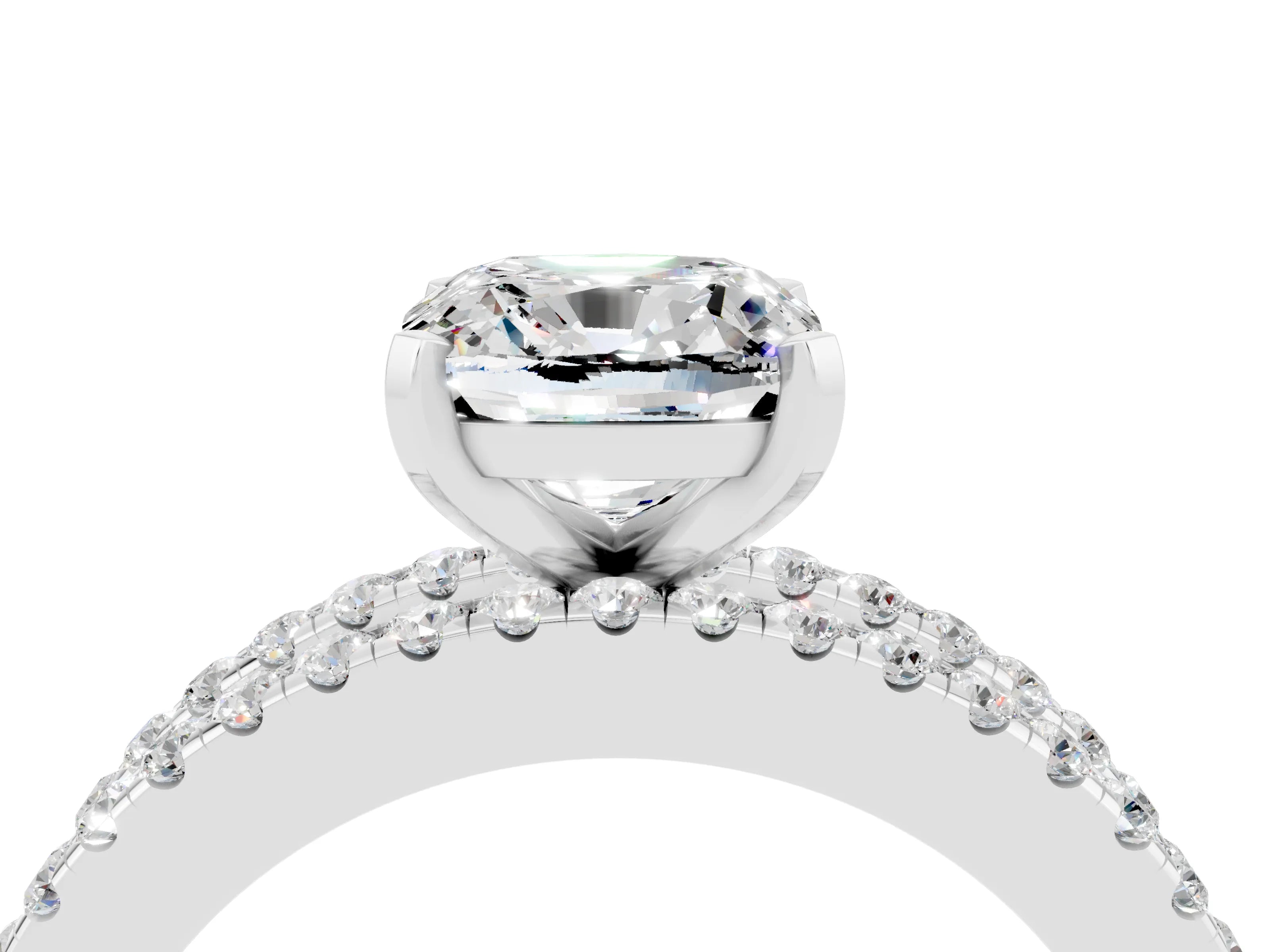White gold Cushion Cut Moissanite Solitaire Ring with Pavé and Channel Set Band_4