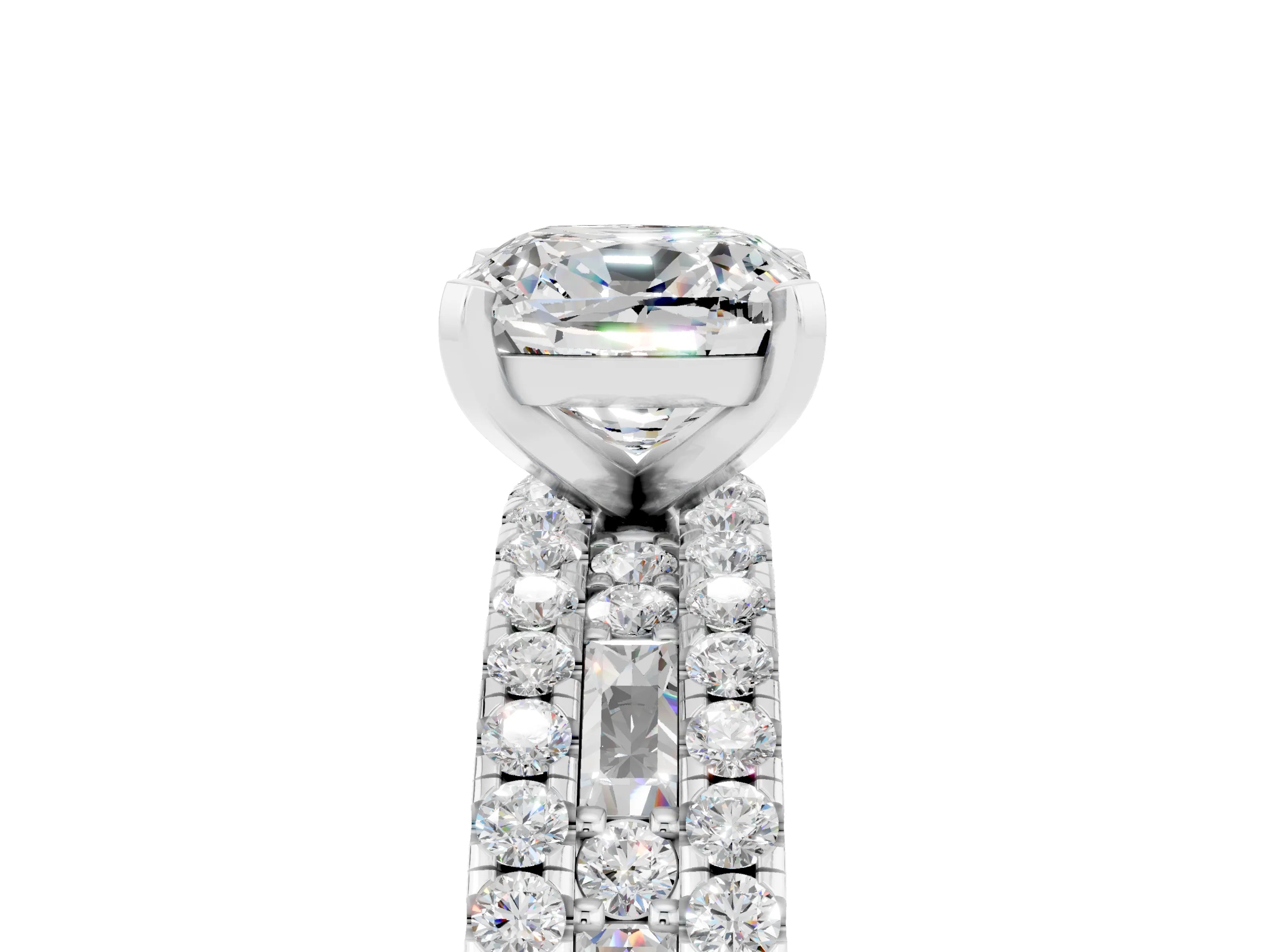 White gold Cushion Cut Moissanite Solitaire Ring with Pavé and Channel Set Band_5