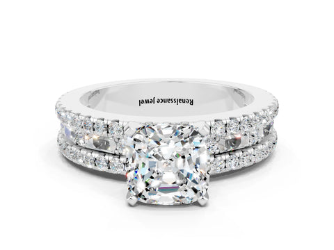 White gold Cushion Cut Moissanite Solitaire Ring with Pavé and Channel Set Band