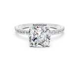 White gold Cushion Cut Moissanite Solitaire Ring with Pave Band and Four Prong Setting_24