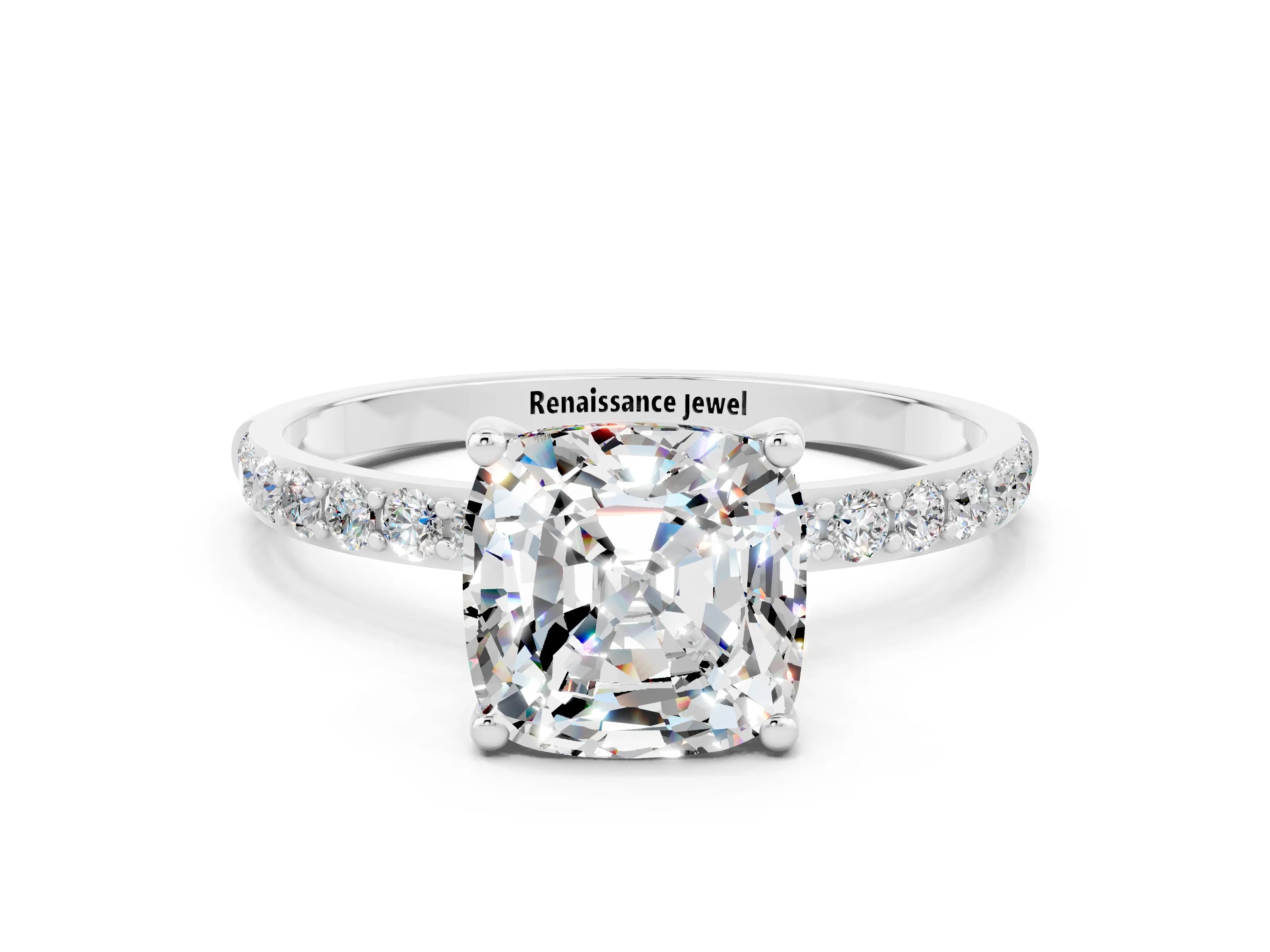 White gold Cushion Cut Moissanite Solitaire Ring with Pave Band and Four Prong Setting_24