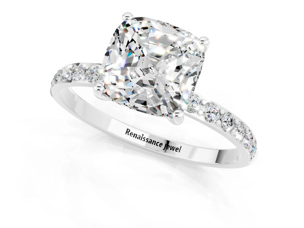 Platinum Cushion Cut Moissanite Solitaire Ring with Round  Pavé Band and Prong Setting