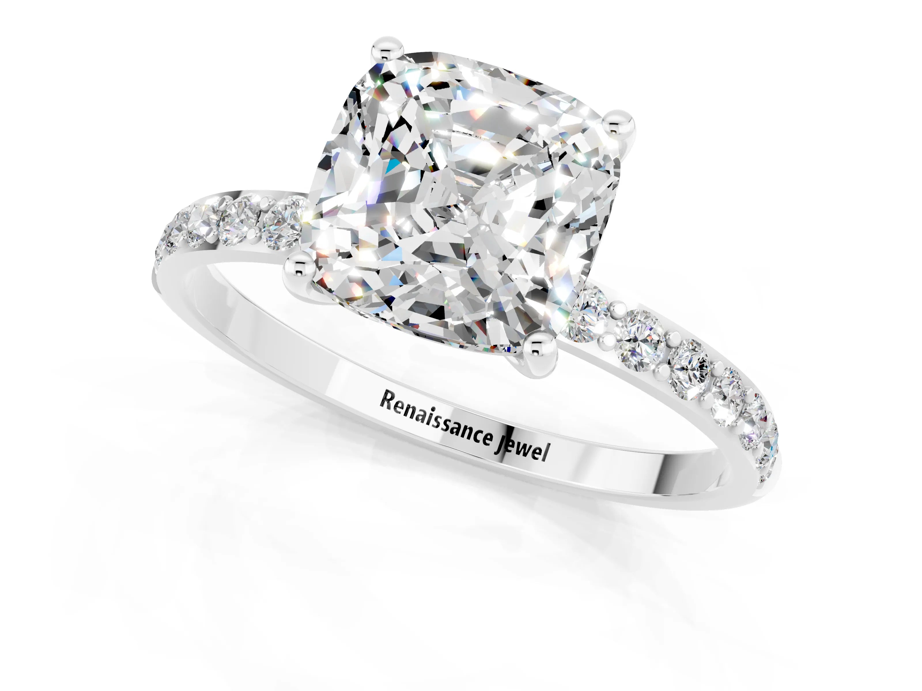 White gold Cushion Cut Moissanite Solitaire Ring with Pave Band and Four Prong Setting_25